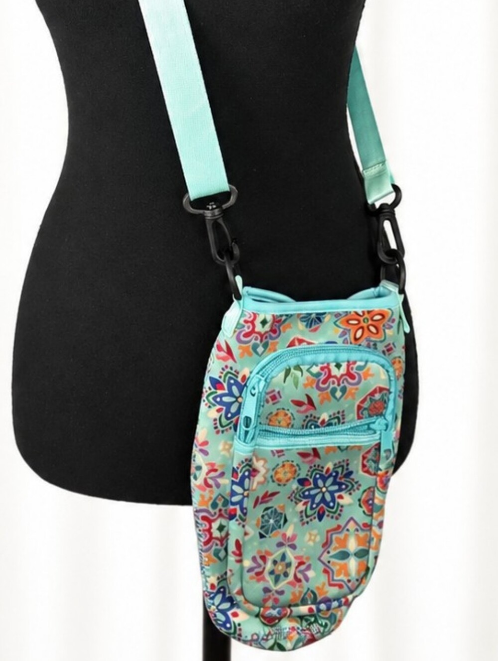 👜 Turquoise Floral Print Crossbody Water Bottle Holder Bag Adjustable Strap - Picture 3 of 6